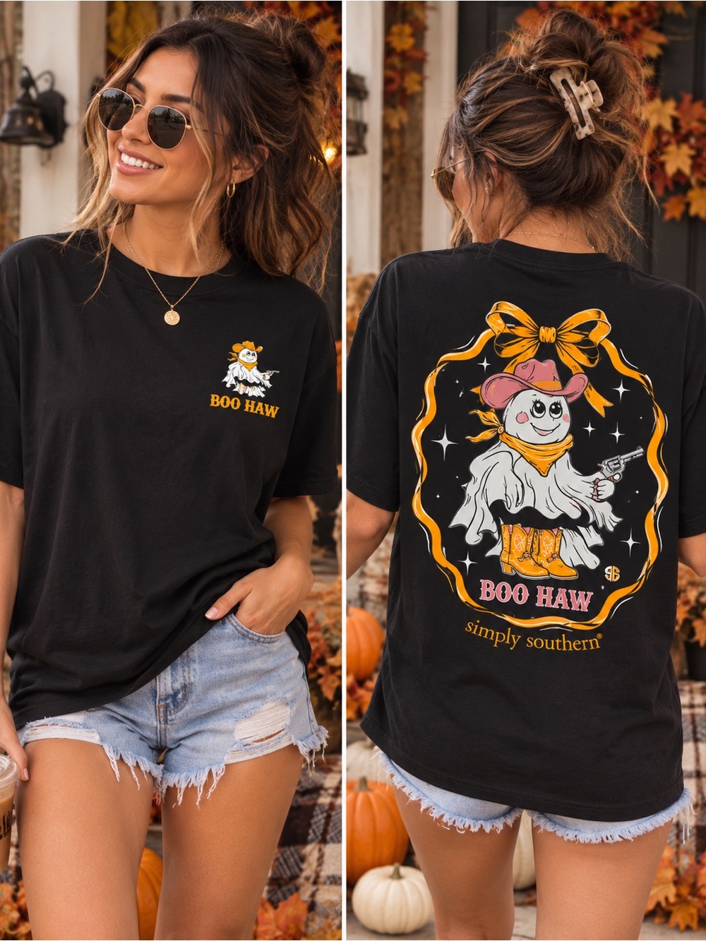 Simply Southern Black Kids Tee with Orange & Pink Halloween Graphic